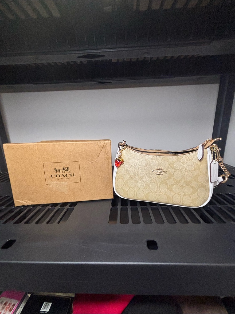 Coach Beige Signature Mini Shoulder Bag with White Trim